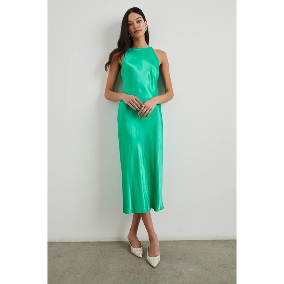 Rails Solene Midi Dress Satin Jade Green Sleeveless High Neck Slip Cocktail - Picture 2 of 5